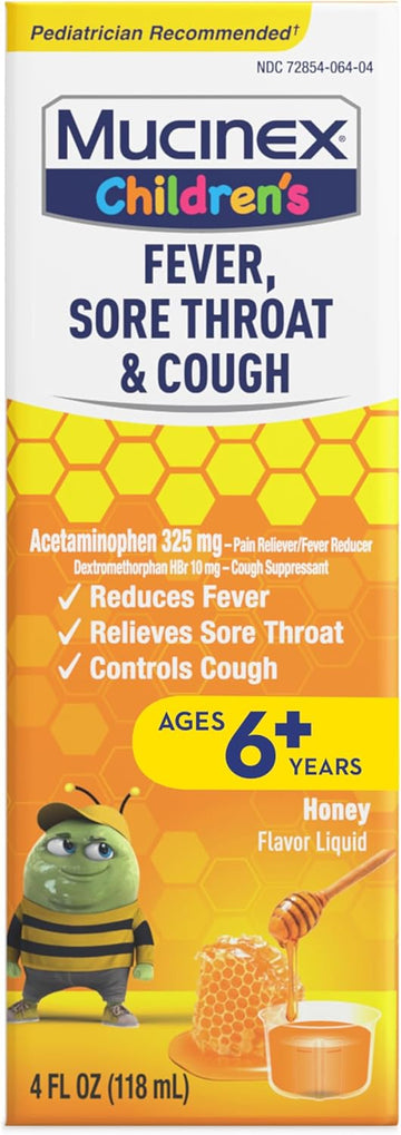 Mucinex® Children'S Fever, Sore Throat, & Cough Medicine, Kids Cold Medicine/Kids Cough Medicine, Kids Medicine For Multi-Symptom Relief, Honey Flavor Liquid, 4 Fl Oz