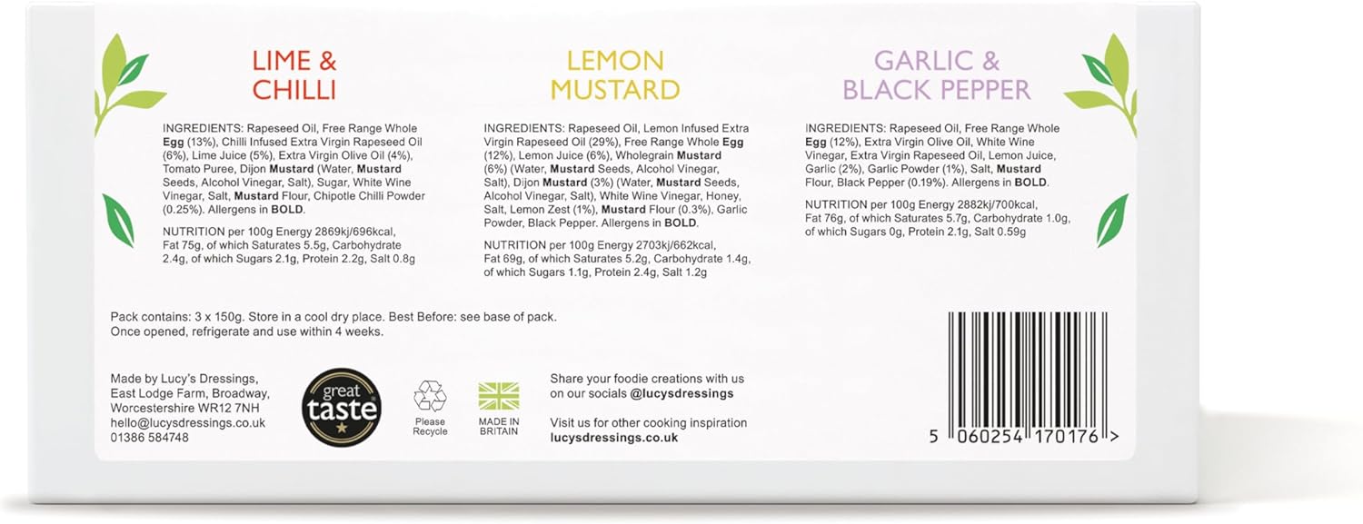 Lucy's Dressings - Mayonnaise Trio Pack, Garlic & Black Pepper, 150ml, Lemon & Mustard, 150ml and Lime & Chilli, 150ml : Amazon.co.uk: Grocery