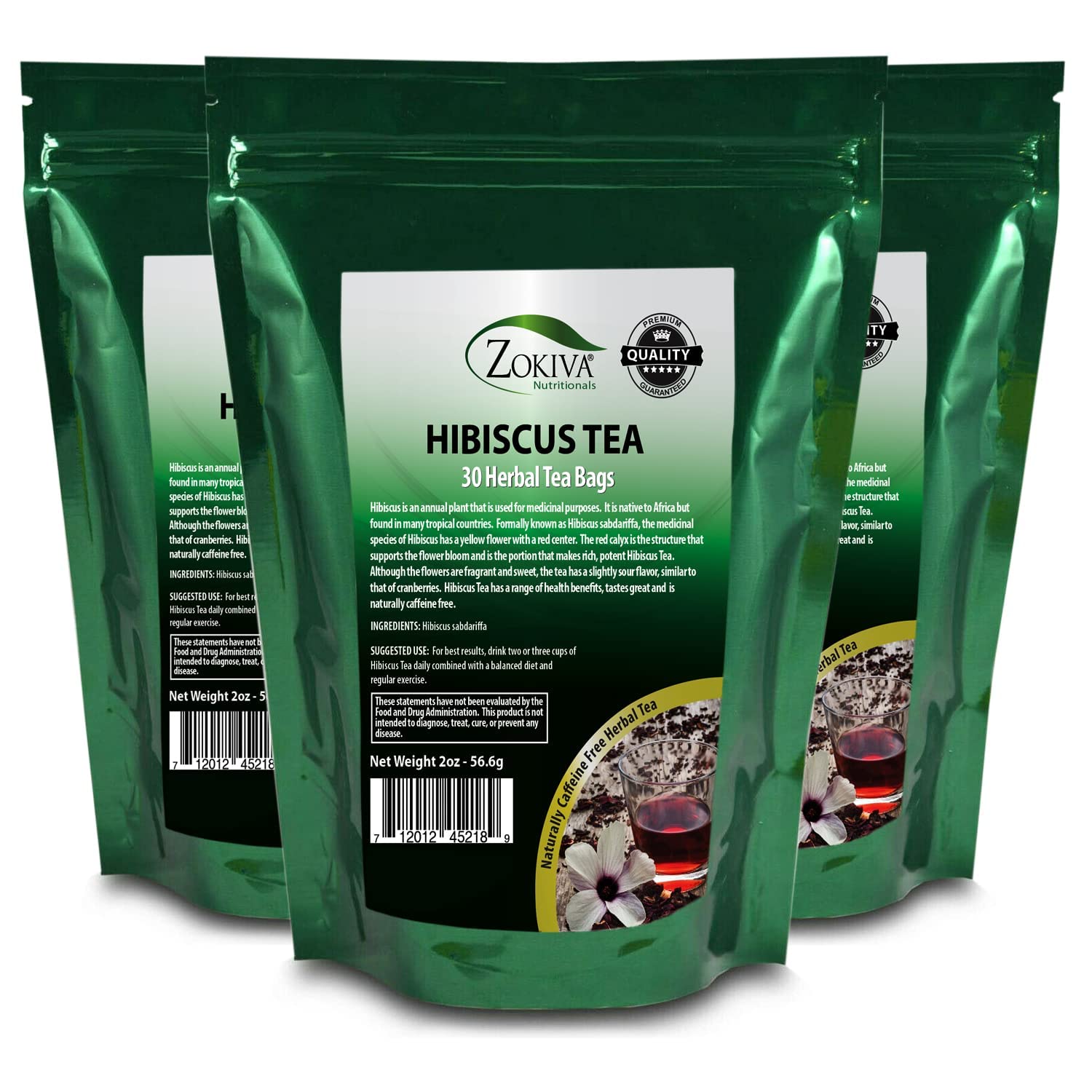 Hibiscus Tea Bags 3-Pack (90 Tea Bags Total) Caffeine-Free Hibiscus Sabdariffa Flowers Bursting With All-Natural Vitamins & Minerals In Pouch By Zokiva