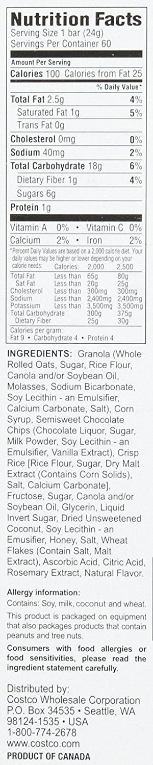 Kirkland Chewy Granola Bars Chocolate Chip, 60 ct Net WT 60 X 0.85 oz (24g) Bars, Net WT 51 oz (1.44kg)