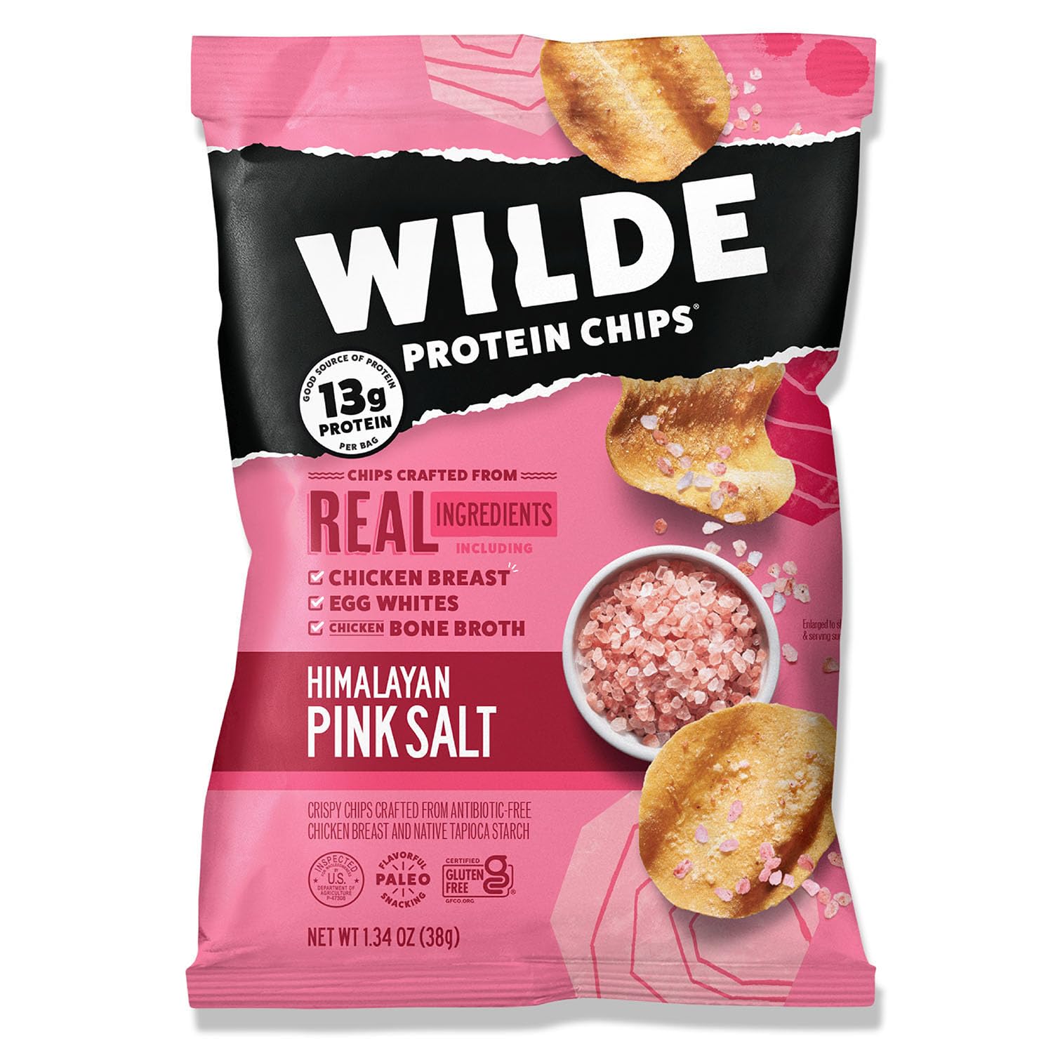 Wilde Protein Chips, Himalayan Pink Salt (1.34 Ounce Bags, Pack Of 8 Bags) Crafted From Real Ingredients: Chicken Breast, Egg Whites, Chicken Bone Broth, Sugar Free, High Protein, Keto Friendly