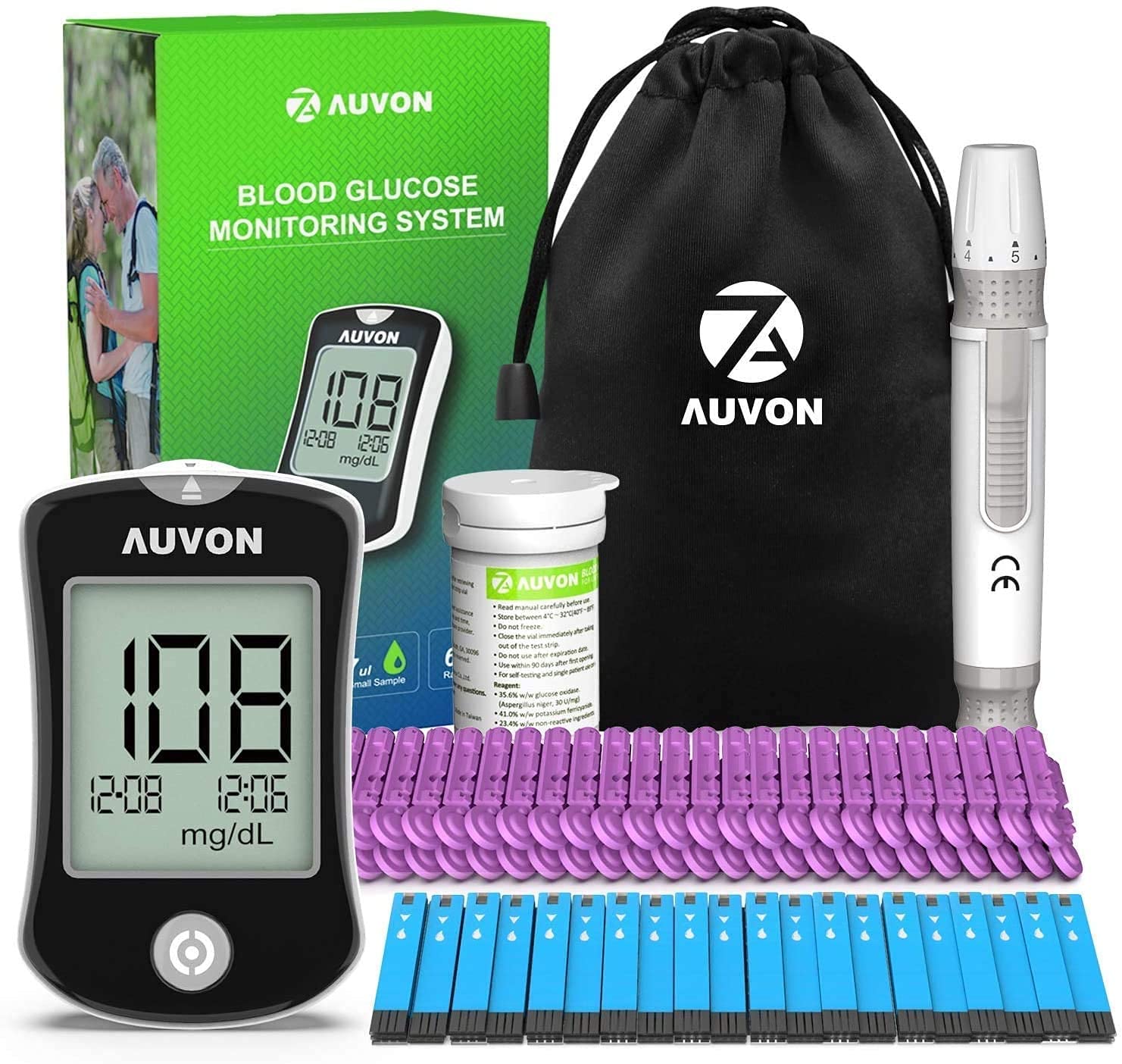 Auvon Blood Glucose Monitor Kit, High Accuracy Blood Sugar Test Kit With 50 Glucometer Strips, 50 30G Lancets, 1 Lancing Devices, Ds-W Diabetes Testing Kit, No Coding Required, Travel Size