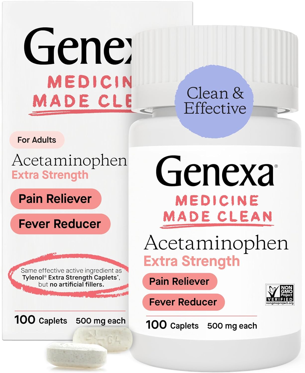 Genexa Acetaminophen 500Mg Extra Strength Pain Reliever & Fever Reducer | Pain Relief Medications & Treatments Of Headache, Backache, Toothache, & Minor Arthritis | 100 Caplets