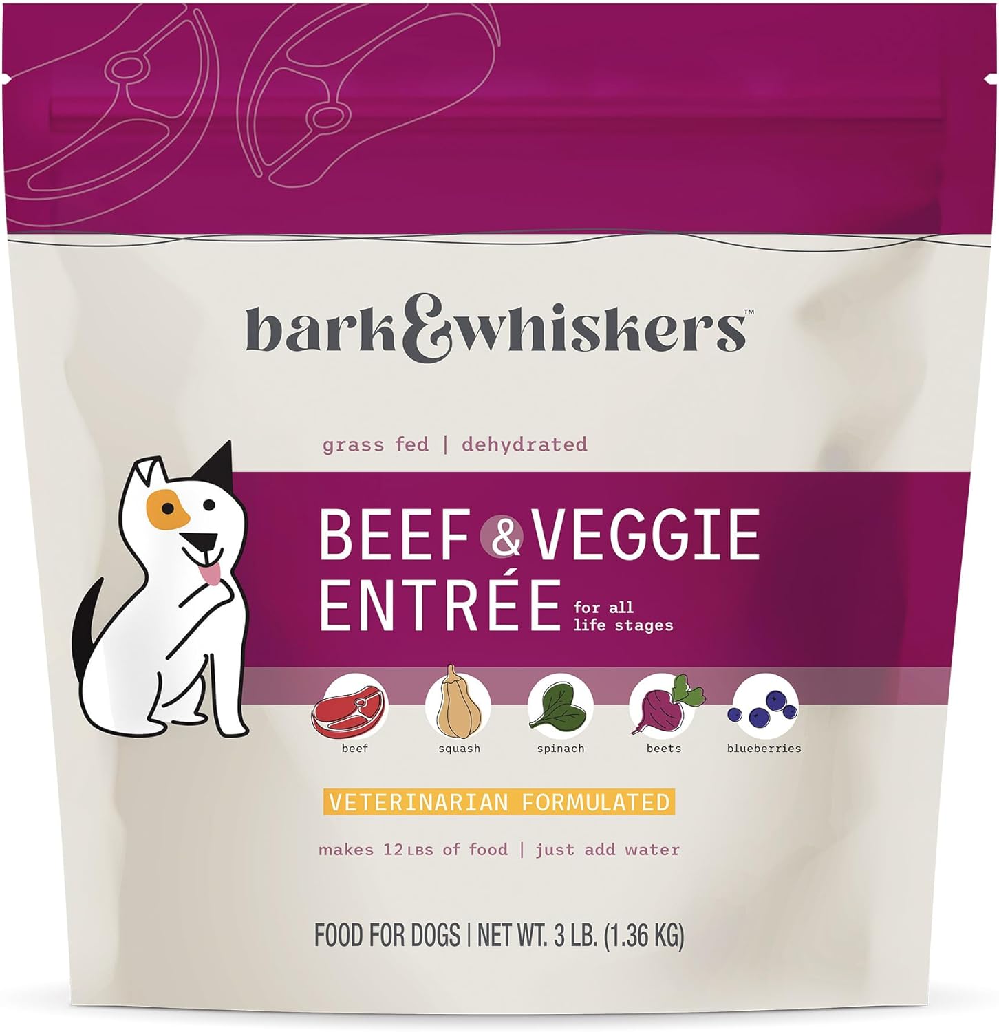 Dr. Mercola Bark & Whiskers Dehydrated Beef And Veggie Entrée, 3 Lb., Makes 12 Lbs. Of Food For Dogs, Digestive Support, Vet Formulated, Non-Gmo