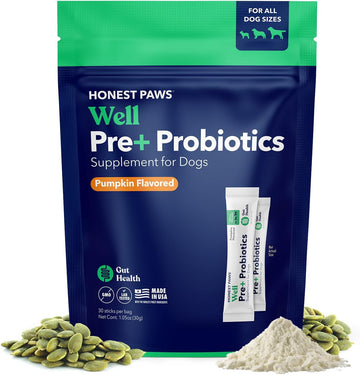 Honest Paws Probiotics for Dogs - Dog Digestion Gut Health Probiotic Powder with Prebiotic Made in The USA, Digestive and Immune Support - Digestive Enzymes with Pumpkin Flavor (30 Sticks)