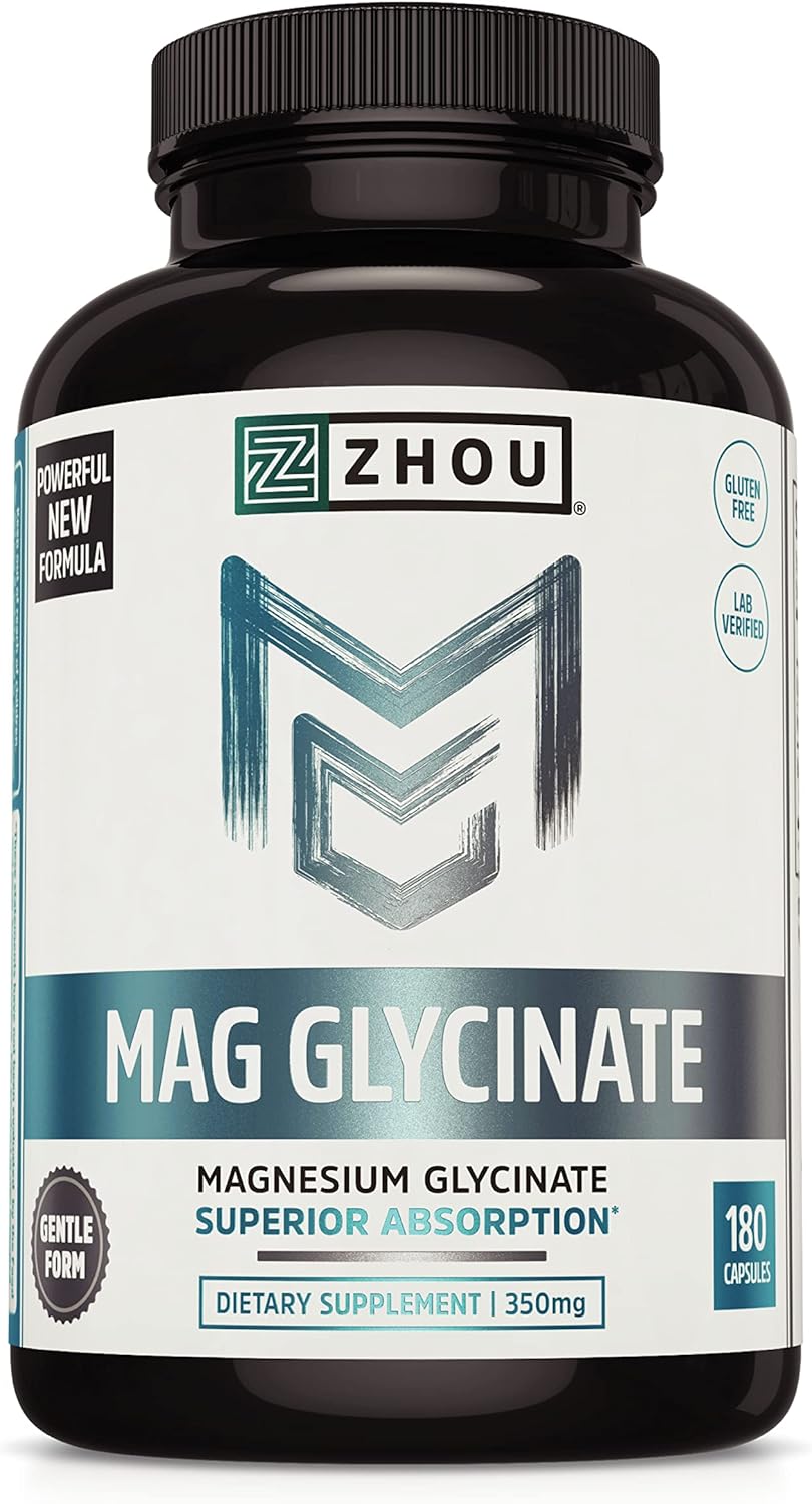 Zhou Magnesium Glycinate Complex 350 Mg, High Absorption, Muscle Relaxation & Recovery, Healthy Sleep, Bone Strength, Heart Health, Vegan, Non-Gmo, 45 Servings, 180 Capsules