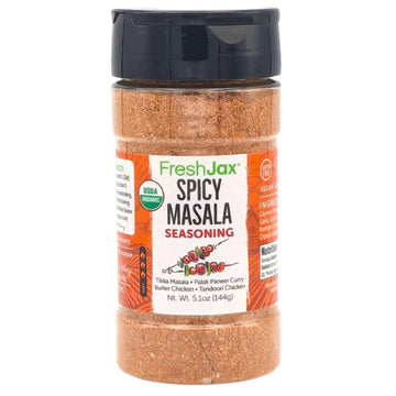 FreshJax Organic Spicy Indian Chicken Masala Seasoning (5.1 oz Bottle) Non GMO, Gluten Free, Keto, Paleo, No Preservatives Chicken Tikka Masala Spice Mix, Indian Dry Rub | Handcrafted in Jacksonville