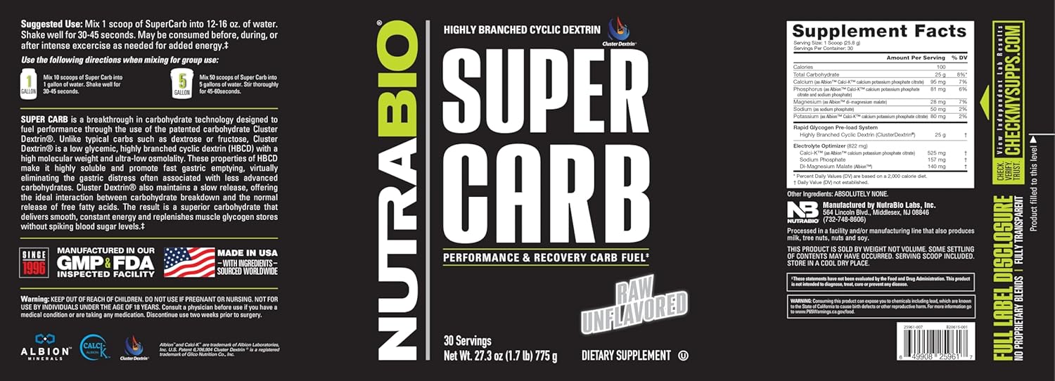 Nutrabio Super Carb, Carbohydrate Powder With Cluster Dextrin & Electrolytes, Advanced Carb Supplement Powder For Workout Fuel, Performance, And Muscle Recovery, Cyclic Dextrin, Unflavored, 30 Sv : Health & Household