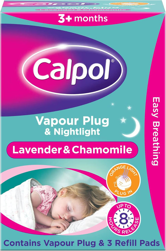 Calpol Vapour Plug Nightlight Lavender Chamomile 3+ Months (Orange Light), Plug And 3 Refills & Vapour Xl Refill Pads, 10 Count (Pack Of 1)