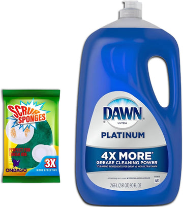 Dawn Platinum Dishwashing Liquid Hand Soap, 90 Fl Oz Refill Bottle, Bundled with Scrubbing Sponge