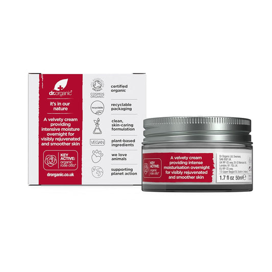 Dr. Organic Rose Otto Night Cream | Rejuvinating For Mature Skin, Aids In Healthy Aging, Promotes Youthful & Toned Skin, Natural, Certified Organic, Vegan, 50 Ml / 1.7 Fl Oz