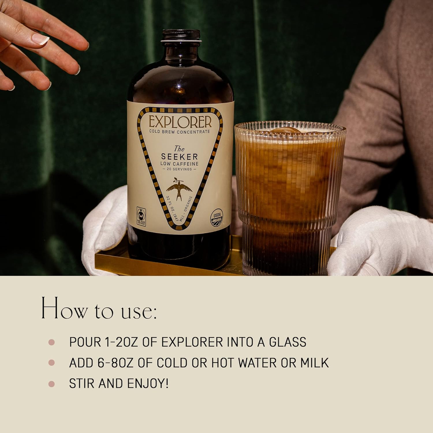Explorer Cold Brew Organic Liquid Coffee Concentrate, Seeker Low Caffeine, Drink Iced Or Hot, 32 Fl Oz, Makes 20+ Cups