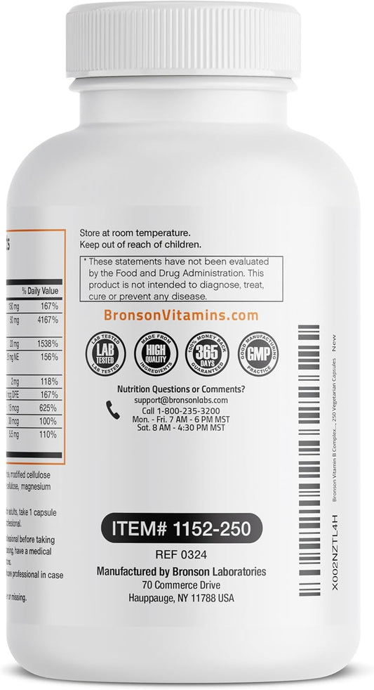 Bronson Vitamin B Complex With Vitamin C - Immune Health, Energy Support & Nervous System Support - Non-Gmo, 250 Vegetarian Capsules