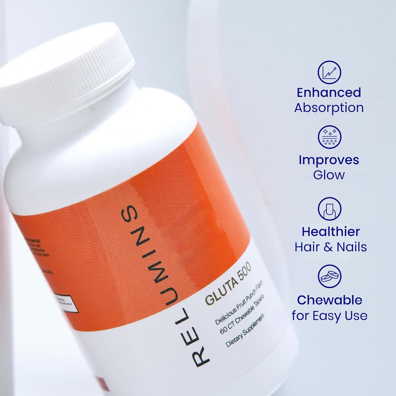 Relumins Gluta 500 Glutathione Chewable Tablets – Skin Whitening & Brightening Supplement With Hyaluronic Acid, Vitamin C, Biotin, Collagen & More – Fruit Punch Flavor – 60 Tablets X 3 Bottles : Health & Household