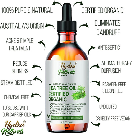 Hydra Naturals Pure Australian Tea Tree Essential Oil 120Ml | For Skin, Nail Fungus, Face, Hair, Acne, Piercings, Head Lice | Diffuser Oil For Home, Candle & Soap Making | Vegan
