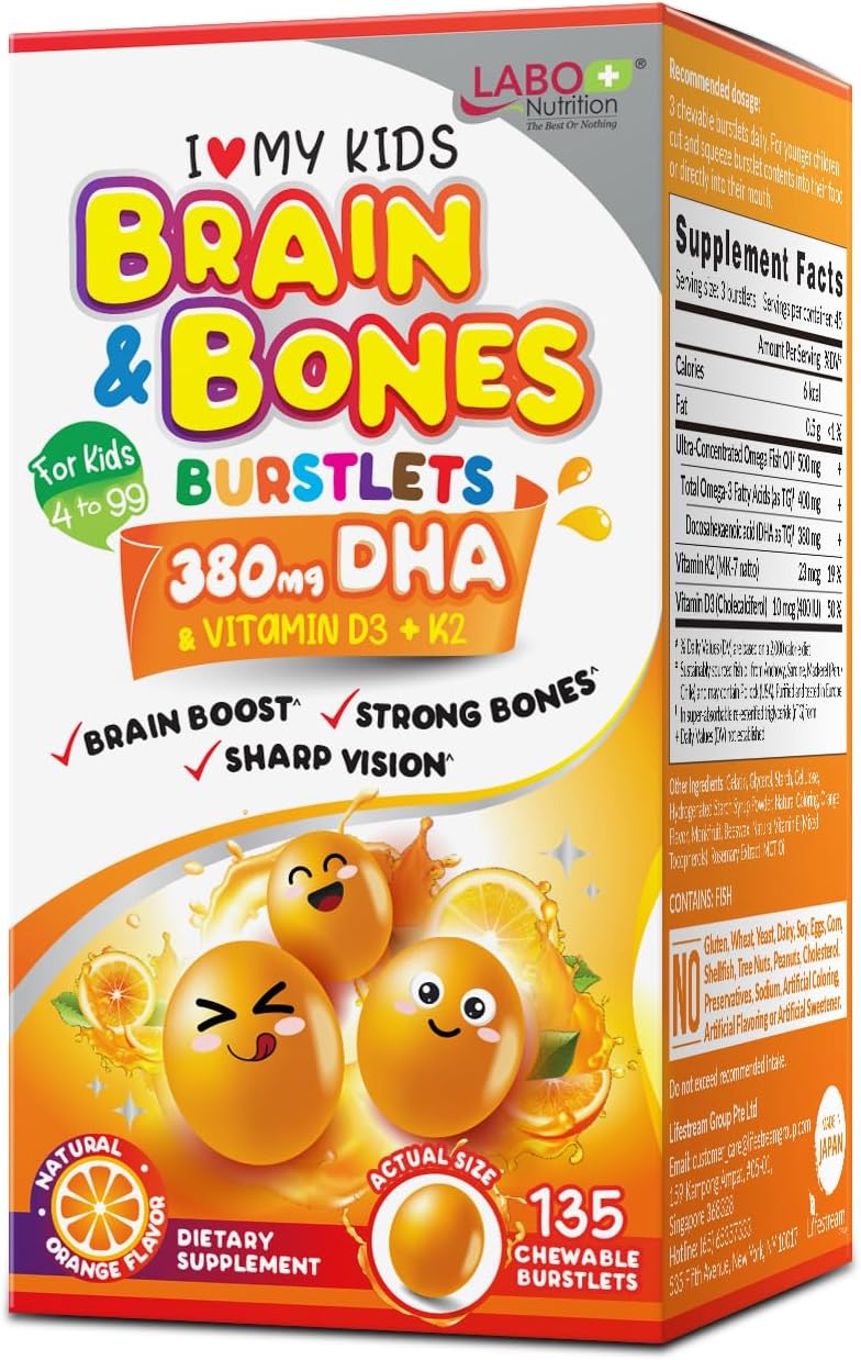 Labo Nutrition I My Kids Brain & Bones Chewable Burstlet, Gluten Free, For Stronger Bones & Behavioral Management, 76% Ultra-Concentrated Rtg Form Omega 3 Dha Fish Oil, Vitamin D3 & K2, Orange