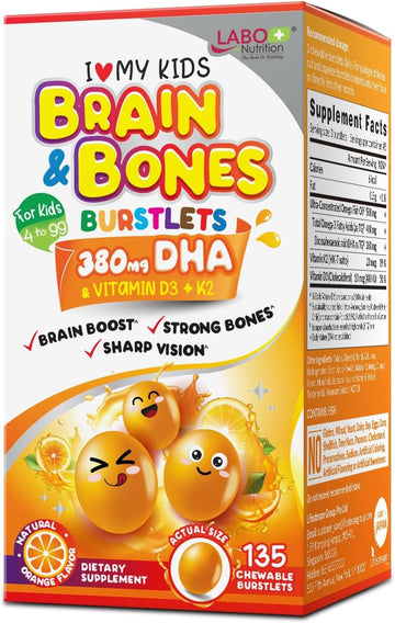 Labo Nutrition I My Kids Brain & Bones Chewable Burstlet, Gluten Free, For Stronger Bones & Behavioral Management, 76% Ultra-Concentrated Rtg Form Omega 3 Dha Fish Oil, Vitamin D3 & K2, Orange