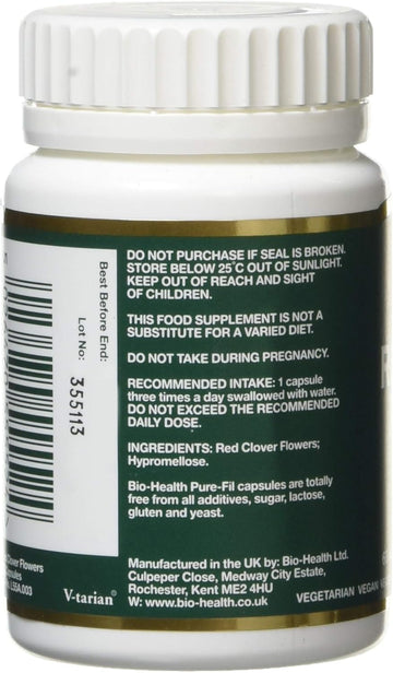 Bio-Health Red Clover Flowers 325Mg Pure Herbal Food Supplement For Menopausal Symptoms Relief, Bone And Cardiovascular Health Support, Additive Free 60 Capsules