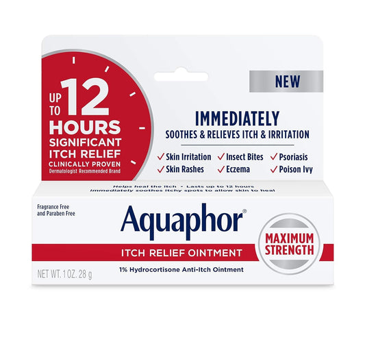 Aquaphor Itch Relief Ointment, 1% Hydrocortisone Anti Itch Skin Ointment, 1 Ounce (Pack of 2), White