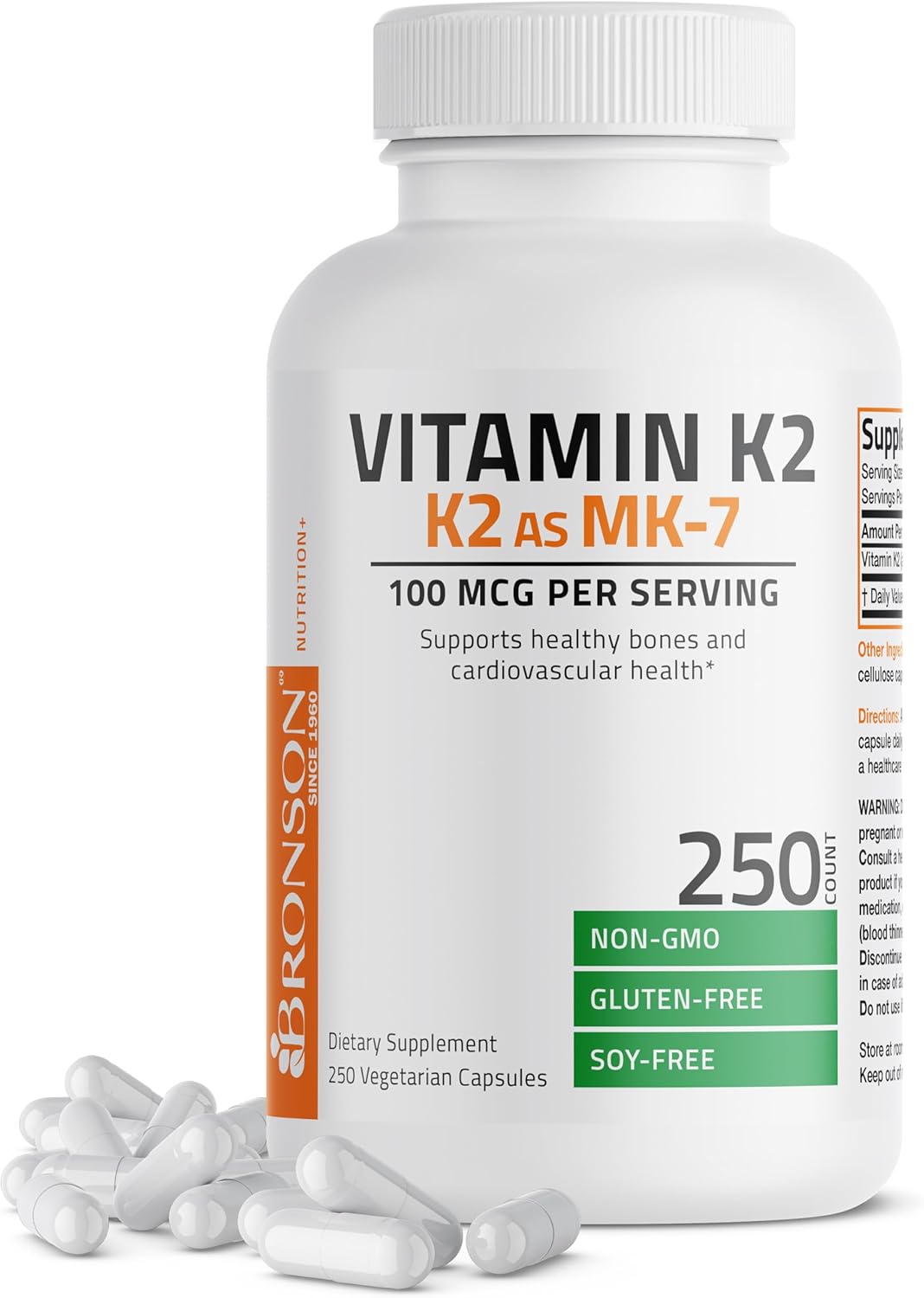 Bronson Vitamin K2 As Mk-7 Menaquinone 100 Mcg Non-Gmo, 250 Capsules