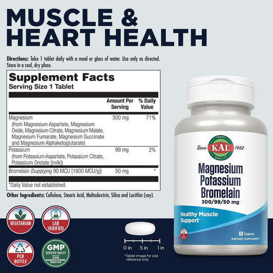 Kal Magnesium Potassium Bromelain, Magnesium Complex For Bone, Heart Health, Muscle Support W/Magnesium Citrate, Magnesium Malate, Potassium Citrate, Vegetarian, 60-Day Guarantee, 60 Serv, 60 Tablets