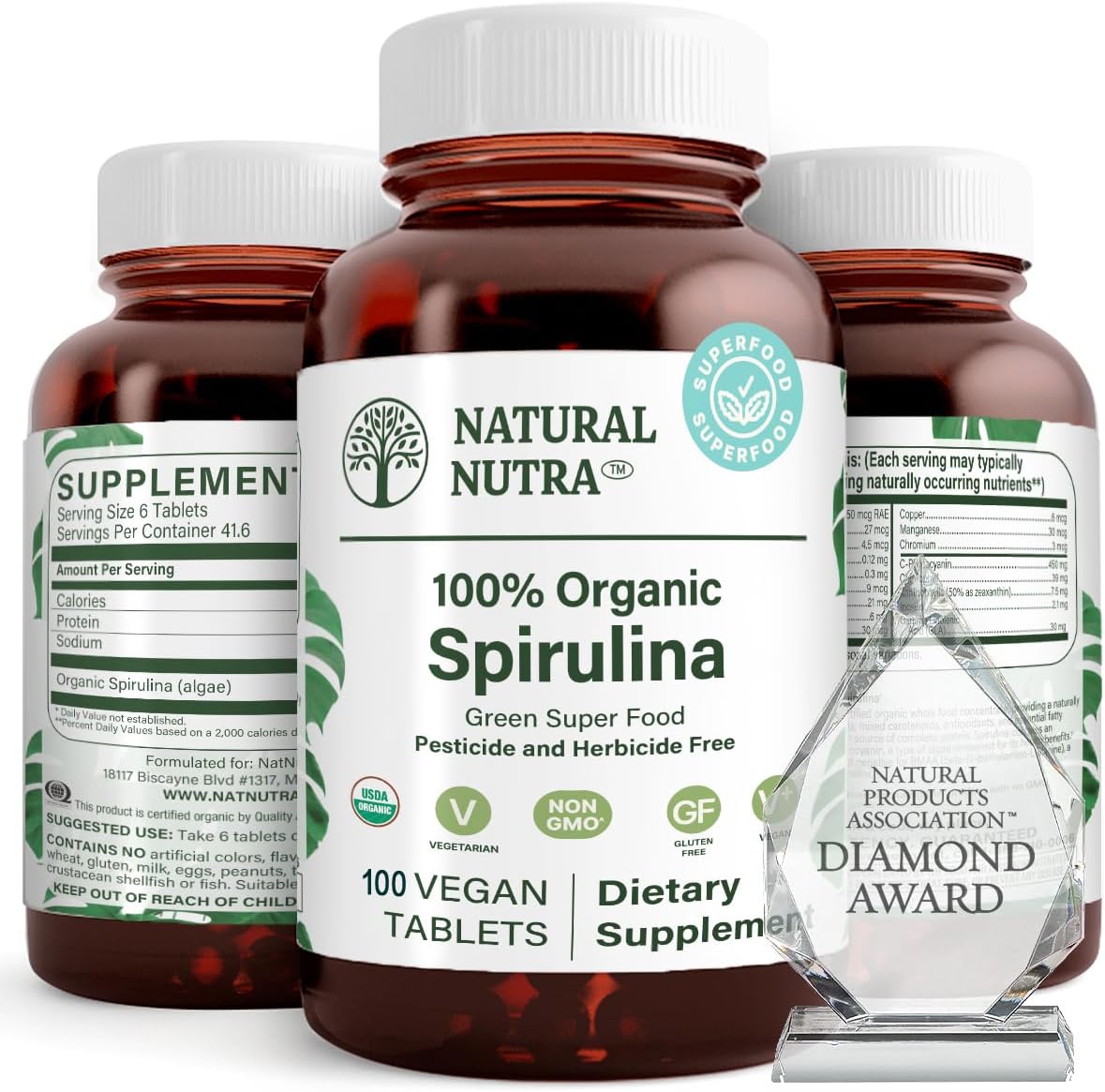 Natural Nutra 100% Usda Organic Spirulina Tablets, Blue Green Algae Protein With Rich Minerals, Helps Liver Health, Promotes Immune System, 300Mg, 100 Vegan Tablets