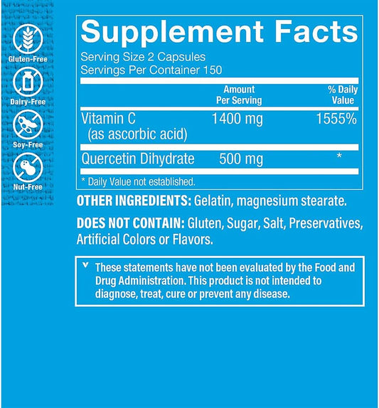 The Vitamin Shoppe Quercetin + Vitamin C, Citrus Free, Antioxidant That Supports A Healthy Immune for All Seasons (300 Capsules)