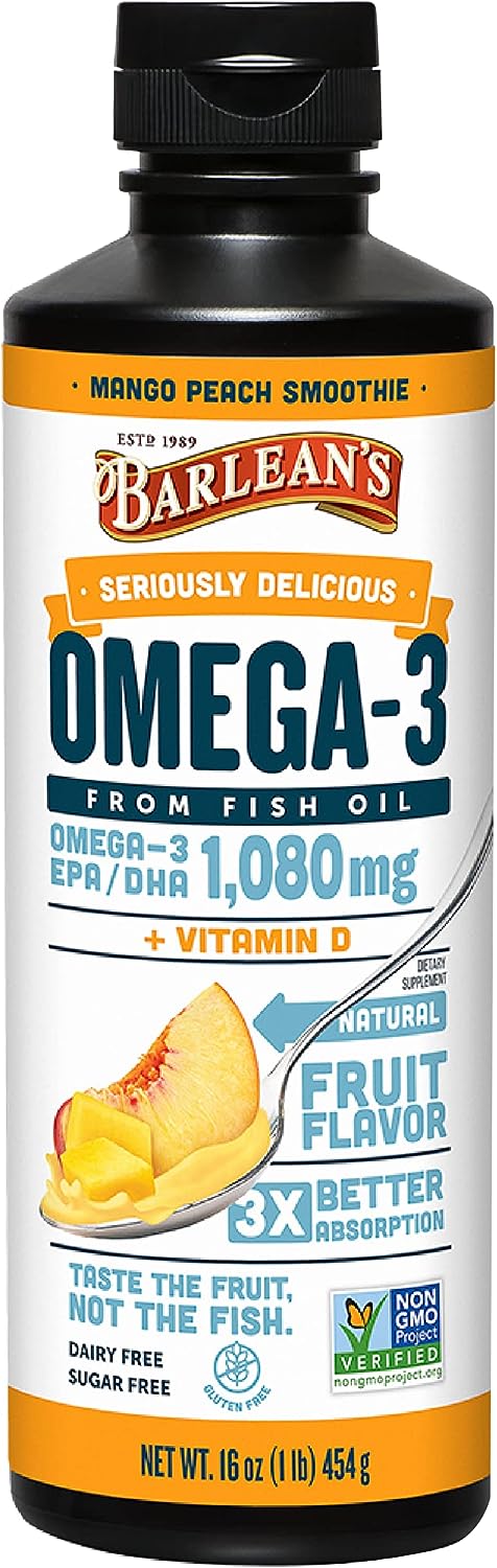 Barlean's Mango Peach Omega 3 Fish Oil Liquid Supplement with Vitamin