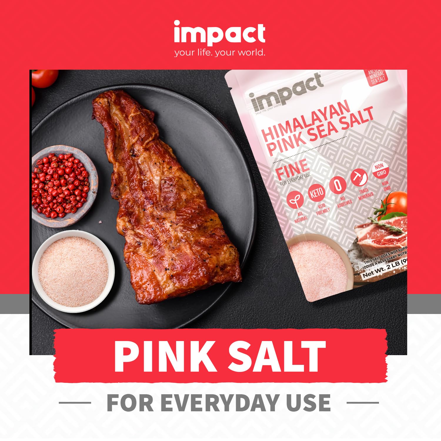 Impact Himalayan Pink Sea Salt Fine 2Lb Pouch - No Additives, Rich In Trace Minerals, Non-Gmo, Gluten-Free. Ideal For Keto, Fasting & Everyday Cooking. Pure Himalayan Source- Ancient Mineral Sea Salt