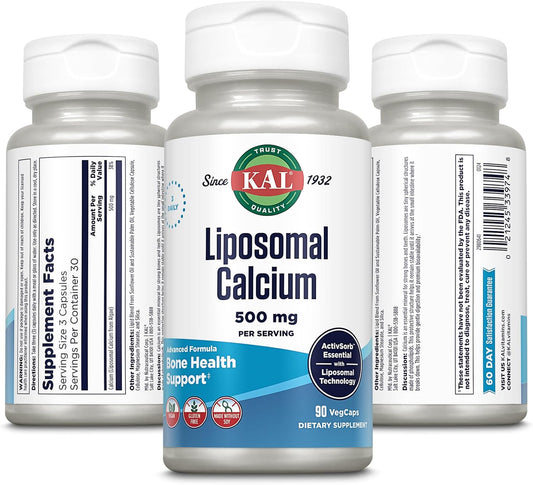 Kal Liposomal Calcium 500 Mg, High Absorption Calcium Supplement, Essential Calcium Support, Vegan, Gluten Free, No Soy, 30 Servings, 90 Vegcaps