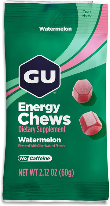Gu Energy Chews, Watermelon Energy Gummies With Electrolytes, Vegan, Gluten-Free, Kosher, Caffeine-Free, And Dairy-Free On-The-Go Energy For Any Workout, 12 Bags (24 Servings Total)