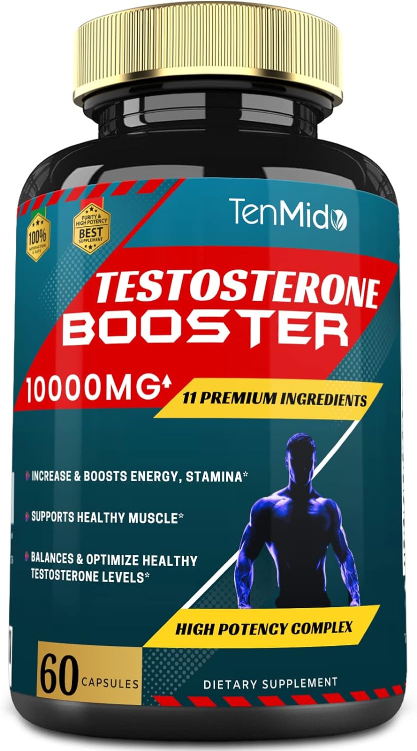 Tenmido Testosterone Booster for Men, Equivalent to 10000MG - Natural Stamina, Endurance & Strength Supplement - Muscle Building Growth, Increasing Performance, Boosts Energy