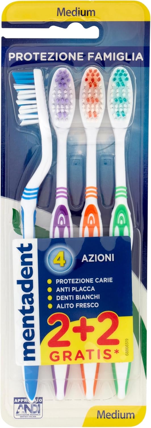 Mentadent Medium Toothbrush 4 Actions, 1 Pack Of 4 Toothbrushes
