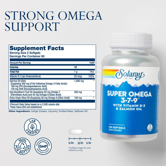 Solaray Super Omega 3 7 9 Supports Healthy Skin, More Epa, Dha, Essential Fatty Acids From Fish Oil Mini Softgel, 120Ct