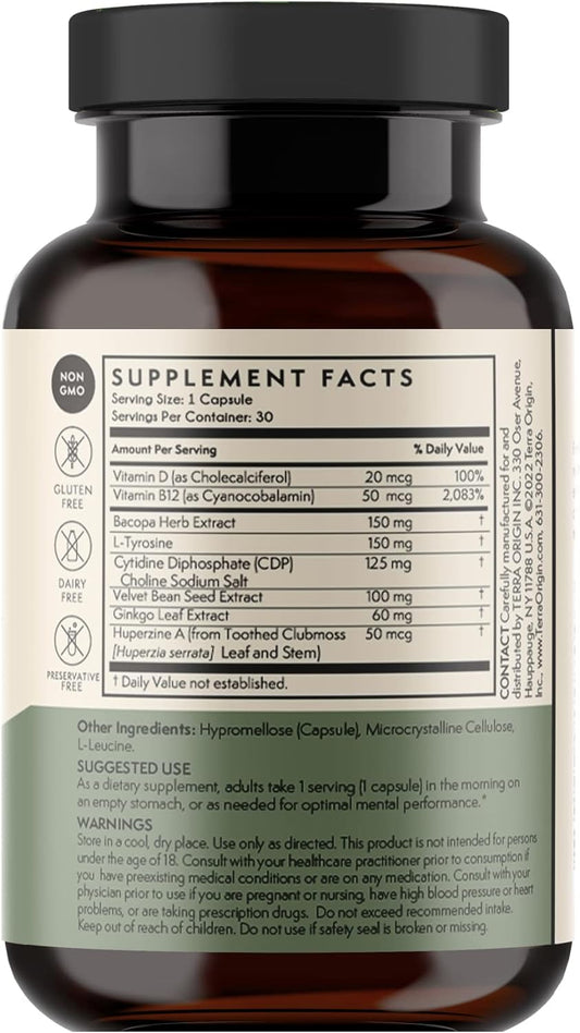 Healthy Mind & Memory | Cognitive Support | Nootropic Formula: CDP Choline, Bacopa, L-Tyrosine, Huperzine A, Ginko, B12 | 30 Veggie Capsules |