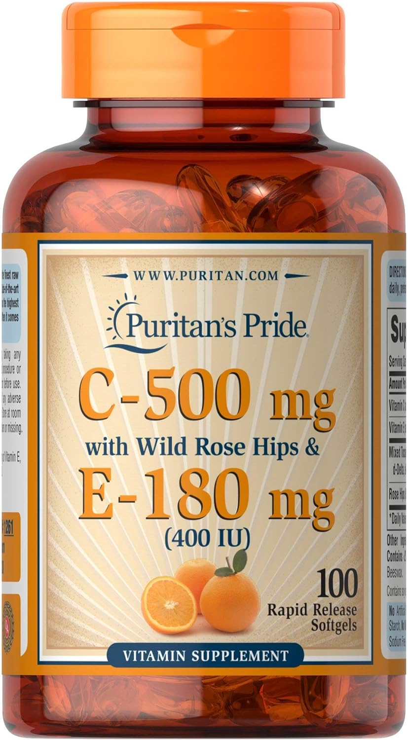 Puritan's Pride Vitmain C 500 mg & E 180 mg with Rose Hips for Immune & Antioxidant Support by Puritan's Pe for Healthy Skin and Immune System Support, 100 Softgels