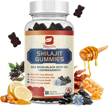 Shilajit Resin Gummies, Shilajit Irish Sea Moss Supplement With Ashwagandha, Black Seed Oil, Panax Ginseng, Honey, Shilajit Gummies With 85+ Trace Minerals & Fulvic Acid For Energy, Digestion Health