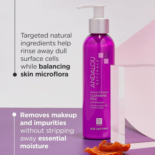 Andalou Naturals Probiotic Cleansing Milk, Apricot Facial Cleanser For Dry, Dehydrated Skin, Gentle Makeup Remover, Hydrating Anti Aging Face Wash, Cruelty Free, 6 Fl Oz