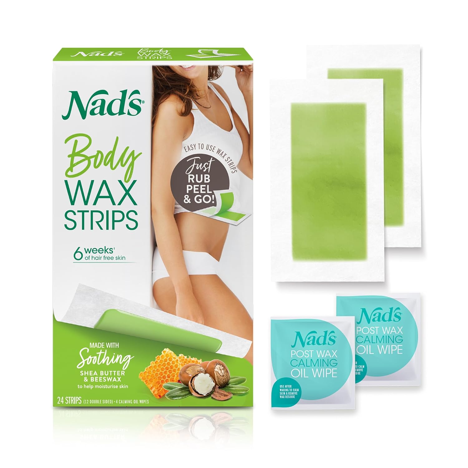 Nad'S Body Wax Strips Hair Removal For Women At Home Plus 4 Calming Oil Wipes, 24 Count