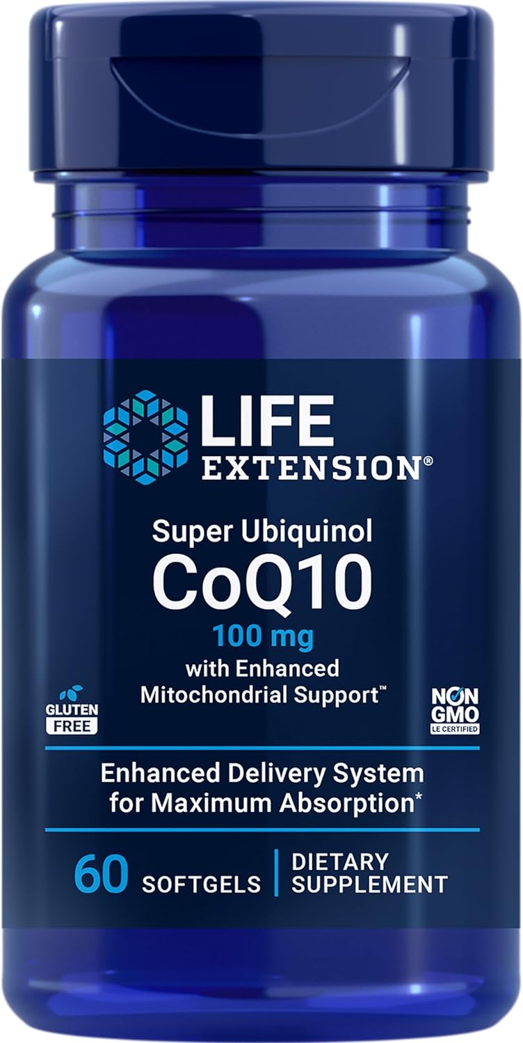 Life Extension Super Ubiquinol Coq10 With Enhanced Mitochondrial Support, Ubiquinol Coq10, Shilajit, Potent Heart Health & Cellular Energy Production Support, Ultra-Absorbable, Gluten-Free, 60 Softgel