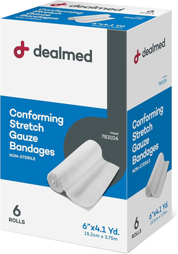 Dealmed 6" Non-Sterile Conforming Stretch Gauze Bandages, 4.1 Yards Latex Free Stretched Dressing Wrap, Medical Non-Adherent Wound Care Mesh Bandages (Box Of 6 Rolls)