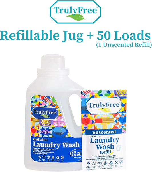 Truly Free Laundry Wash Detergent For Sensitive Skin, Gentle & Safe For Baby Clothes | Plant-Based, Natural Ingredients | Unscented | Include 1 Refillable Bottle (50 Loads)