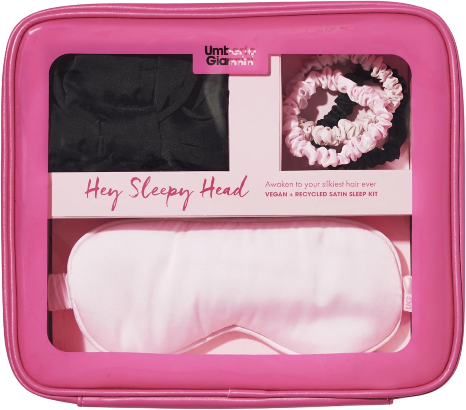 Umberto Giannini Hey Sleepy Head Set With Accessories Toiletry Bag - Black Vegan Silk Hair Wrap And Pink Vegan Silk Eye Mask For Sleeping & 3 X Vegan Silk Scrunchie Hair Ties For Women