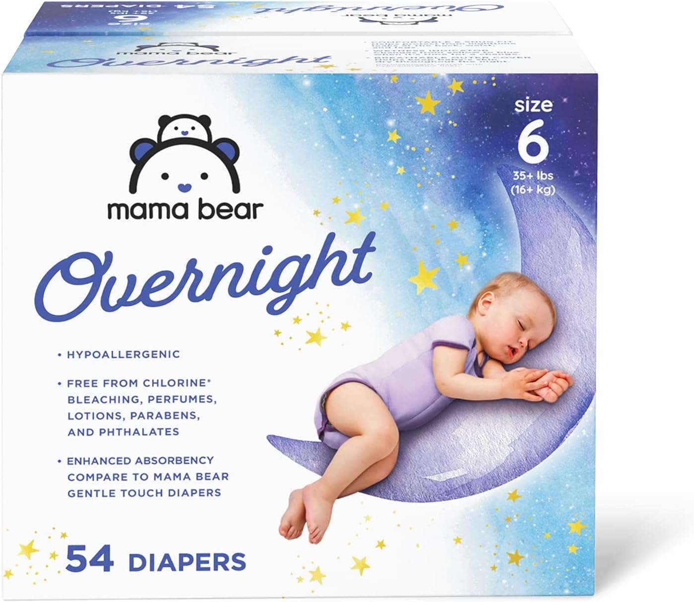 Mama Bear Overnight Diapers, Hypoallergenic, Size 6 (54 count), White