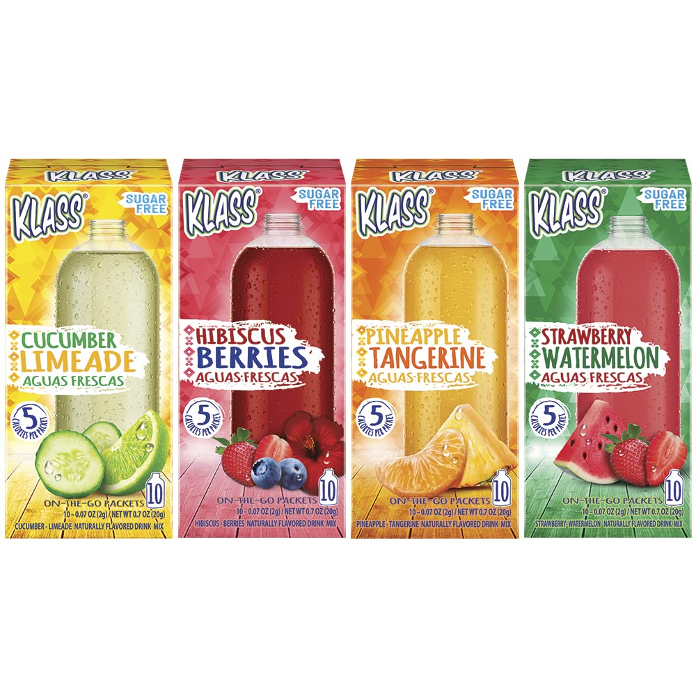 Klass Aguas Frescas Variety Pack, 1 Box Of Cucumber Limeade, 1 Box Strawberry Watermelon, 1 Box Hibiscus Berries, 1 Box Pineapple Tangerine (40 Total On The Go Packets)