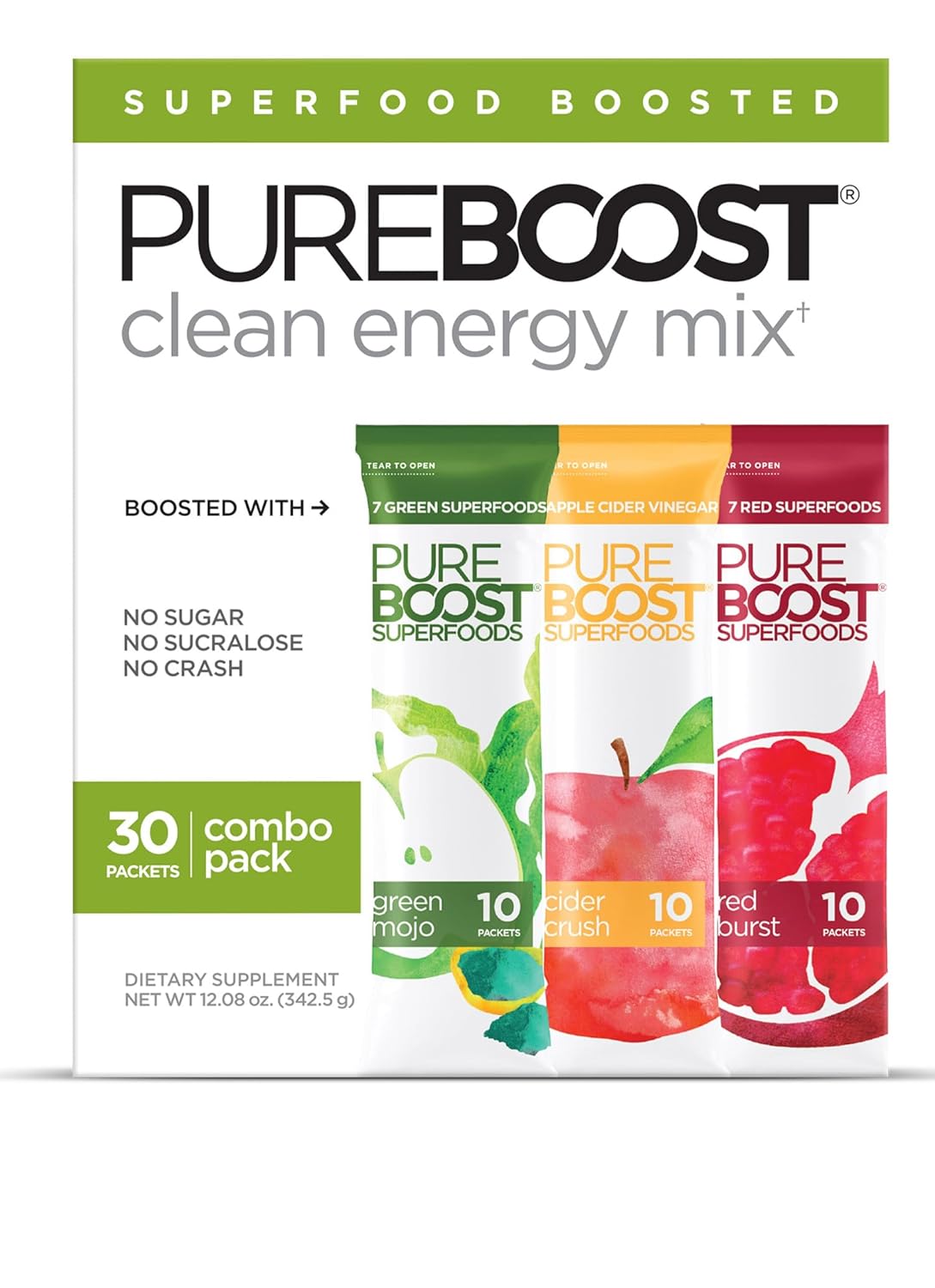 Pureboost Superfoods Clean Energy Booster With Apple Cider Vinegar. Refreshing Energy Drink Mix With 1,000 Mg Of Acv With The Mother. Sugar-Free, No Sucralose (Cider Crush, 30 Count)