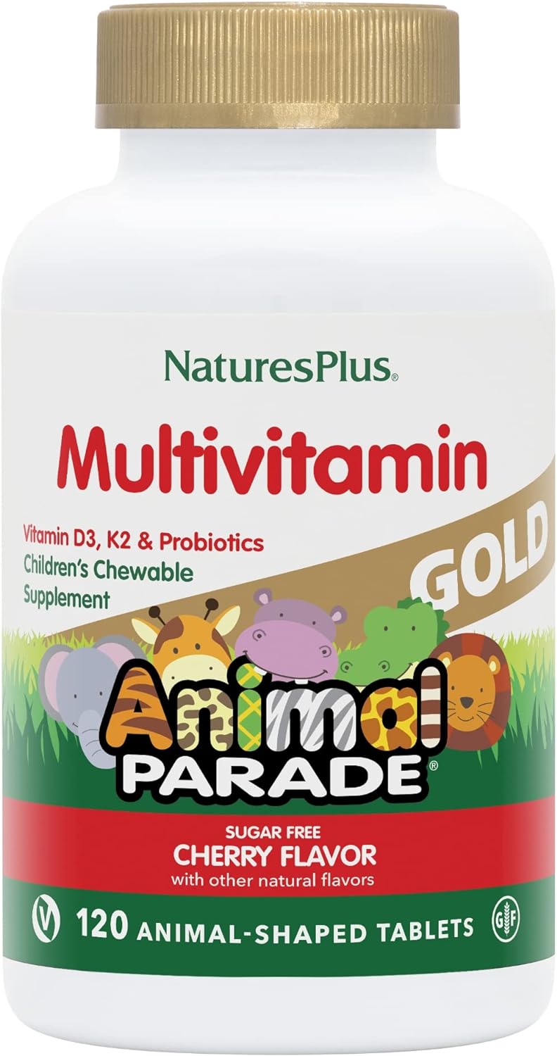 Natures Plus Animal Parade Gold Children'S Chewable Multivitamin - Natural Cherry Flavor - 60 Animal Shaped-Tablets - With Vitamin D3, K2 & Probiotics - Vegetarian & Gluten Free - 120 Servings
