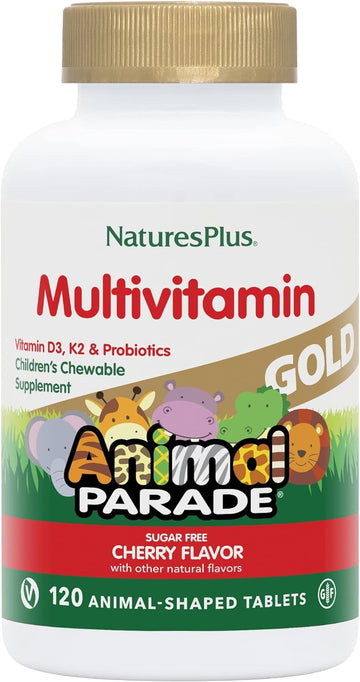 Natures Plus Animal Parade Gold Children'S Chewable Multivitamin - Natural Cherry Flavor - 60 Animal Shaped-Tablets - With Vitamin D3, K2 & Probiotics - Vegetarian & Gluten Free - 120 Servings