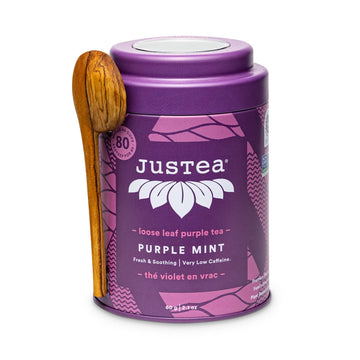 Justea Purple Mint | Loose Leaf Purple Tea | Tin With Hand Carved Tea Spoon | 40+ Cups (2.1Oz) | Very Low Caffeine | Award-Winning | Fair Trade | Non-Gmo