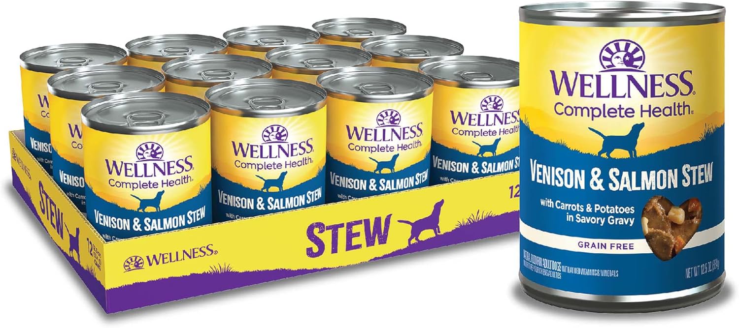 Wellness Thick & Chunky Natural Canned Dog Food, Venison & Salmon Stew, 12.5-Ounce Can (Pack Of 12)